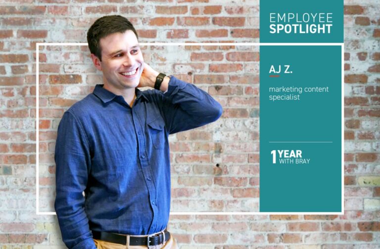 Photo and graphic of AJ Zandt, celebrating one year with Bray Architects