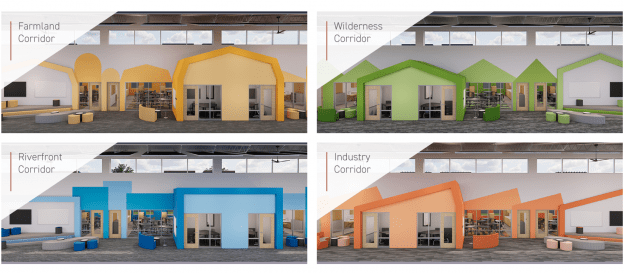 Renderings of four different corridors in the Beloit Turner elementary school using colors and shapes to highlight farmland, wilderness, riverfront, and industry corridors