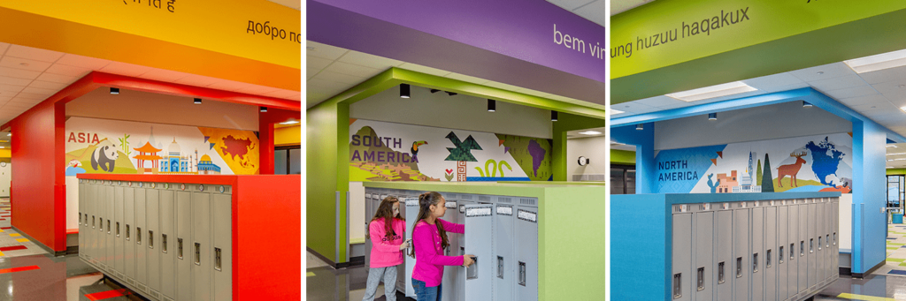Three photos in a strip, each showcasing a different school locker bay with distinct colors and text in different languages, at Friendship Learning Center.
