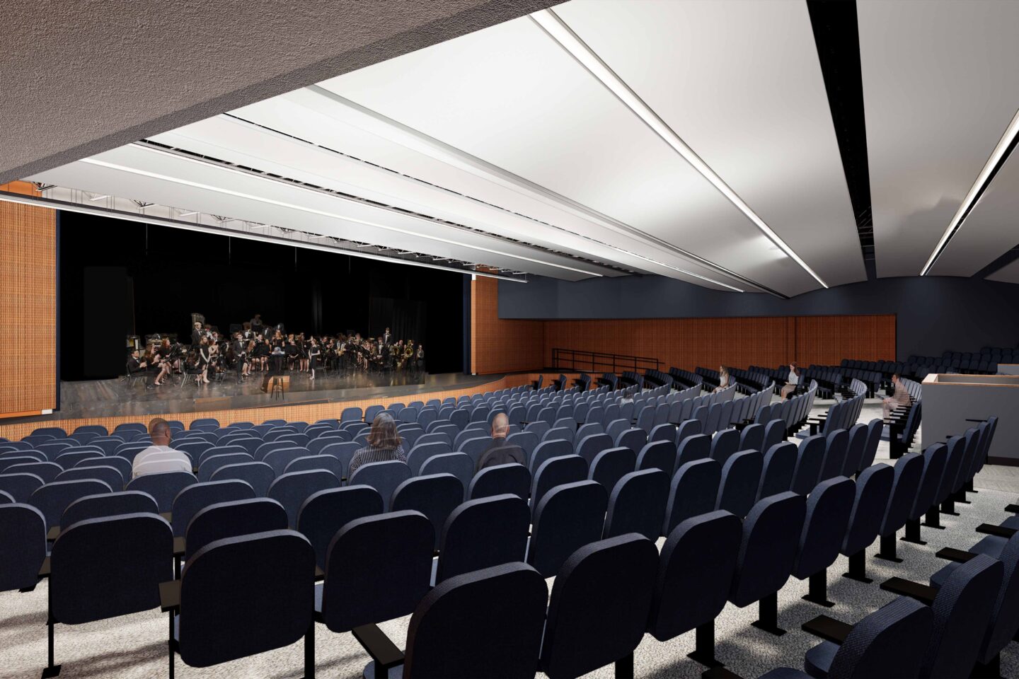 A rendering of the high school auditorium, which features a full thrust stage and new lighting and audio-visual equipment