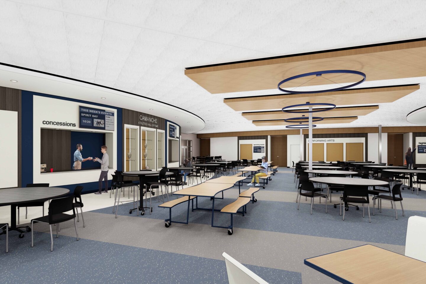 A rendering of the high school commons area featuring a curved wall with display cases
