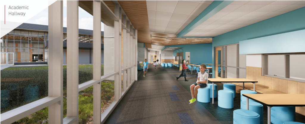 Rendering of a school hallway with furniture flanked by a wall of windows that look into a courtyard at Forest Edge Elementary School