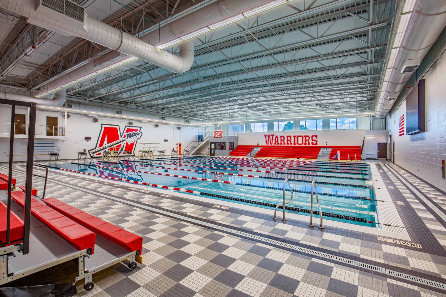 On overall view of the natatorium including the clerestory windows that allow natural light to fill the space