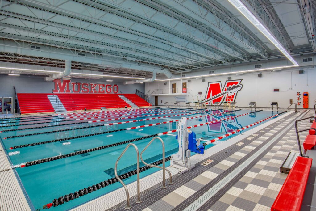 A view of the pool looking towards the starting blocks