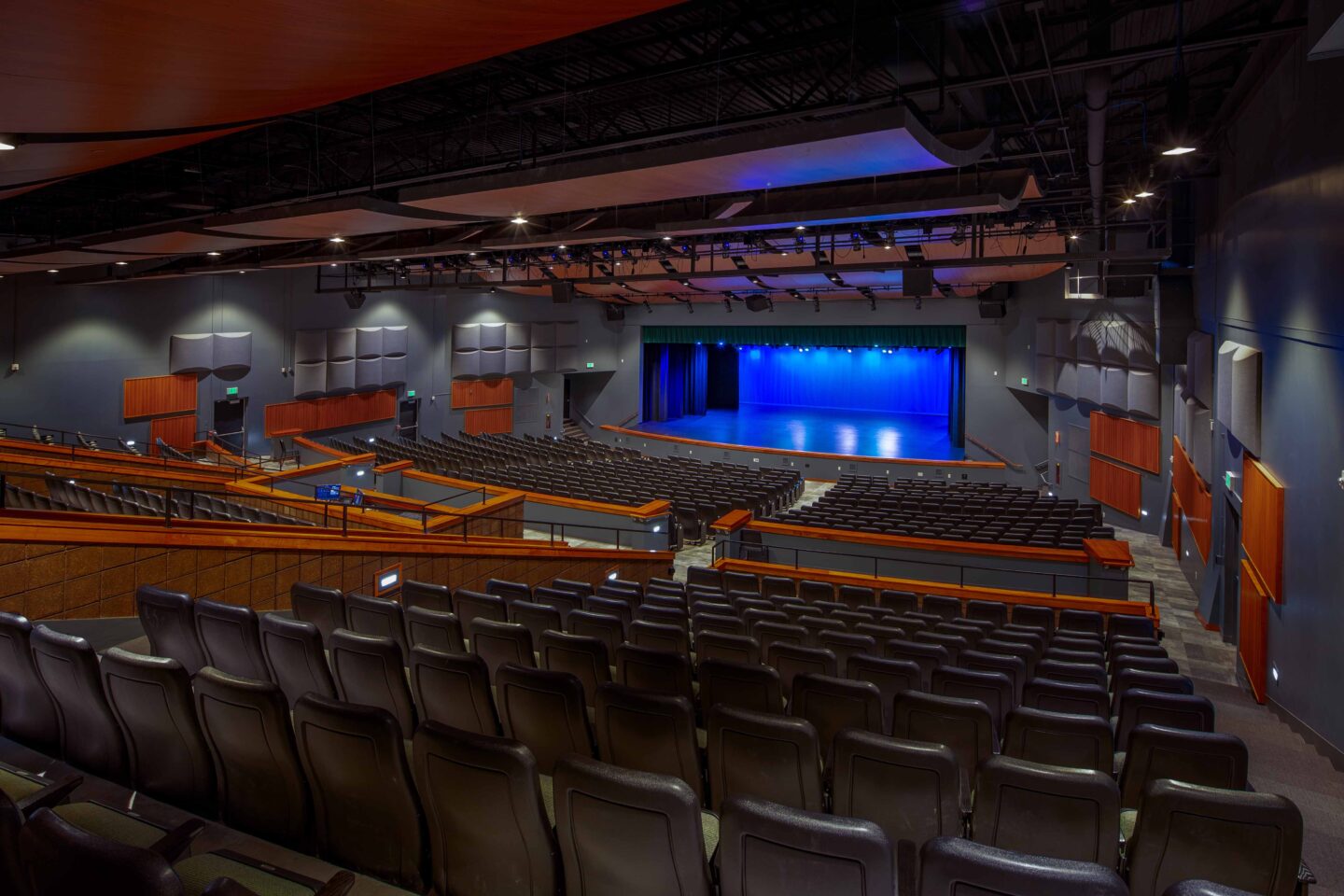 A view of the stage from the back of the auditorium