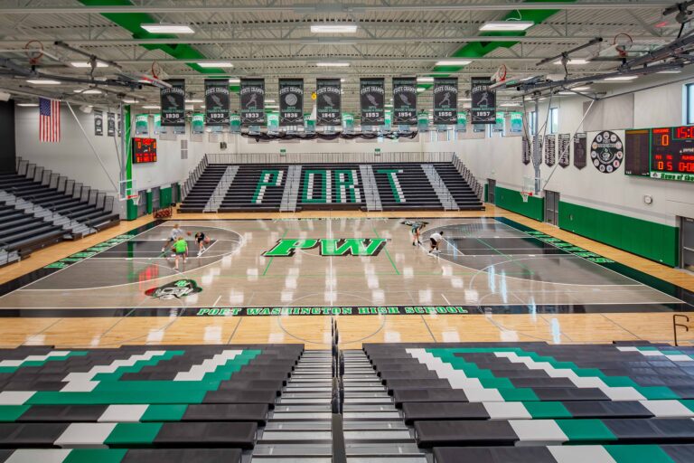 An overall view of the gymnasium from the upper cafeteria level