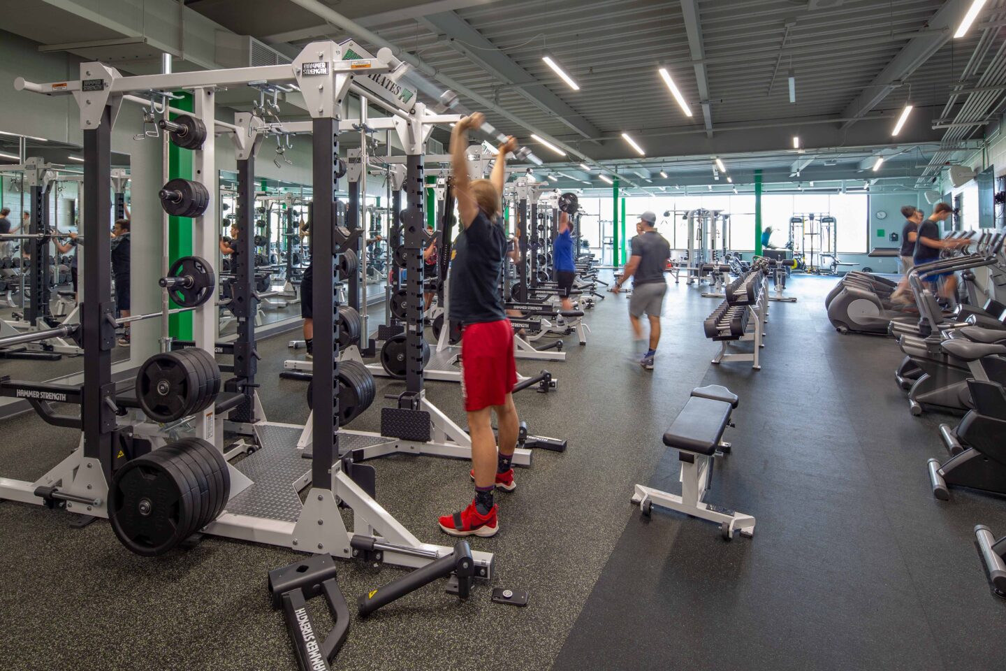 Students use the weight and cardio machines in a fitness center that benefits from large windows and plentiful natural light