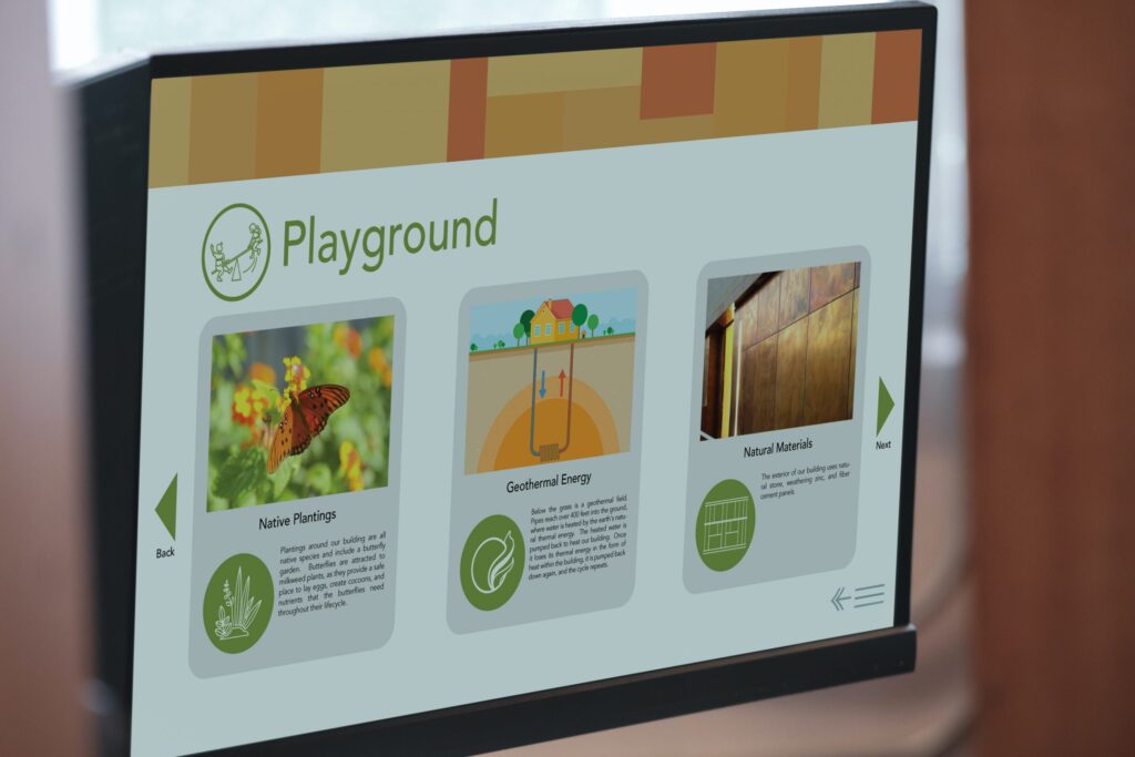 A mock-up of a screen showing information on the playground at Forest Edge Elementary School