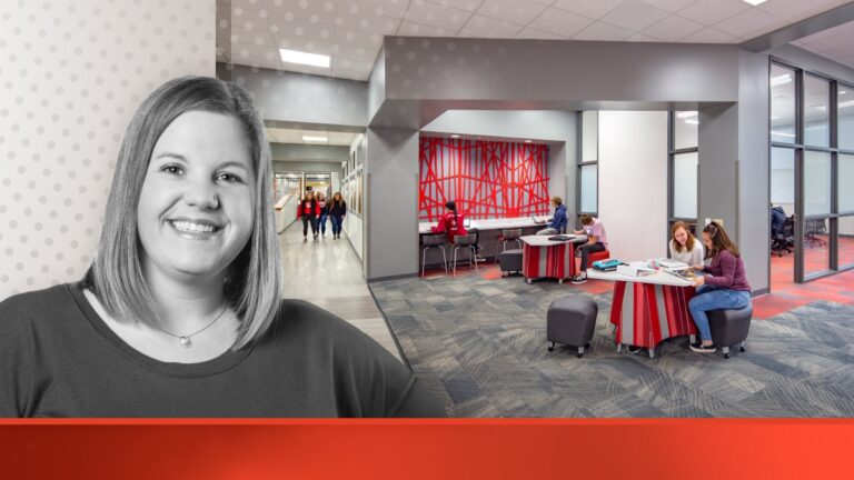 A photo collage of Kate Egan with a picture of a collaboration area in Mayville High School
