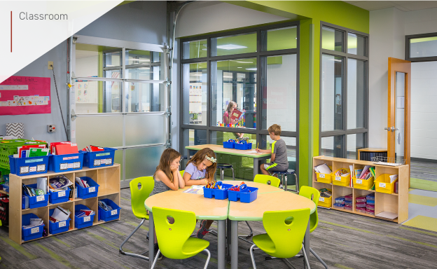 An image of a classroom interior with glass panels connecting to the adjacent classroom and to the corridor breakout space