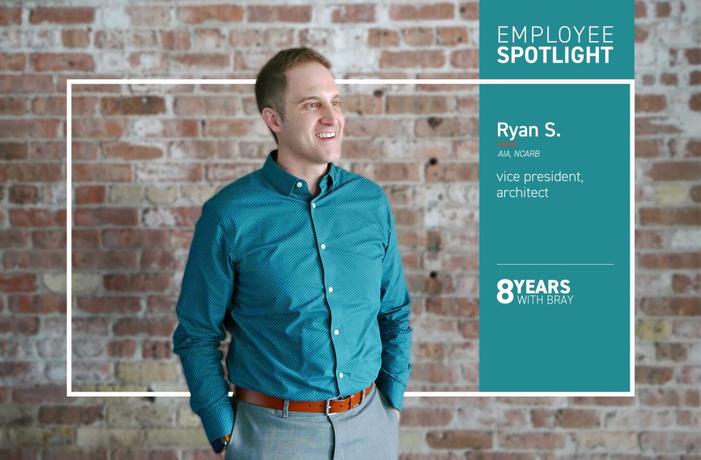 Photo and graphic of Ryan Sands, celebrating eight years with Bray Architects