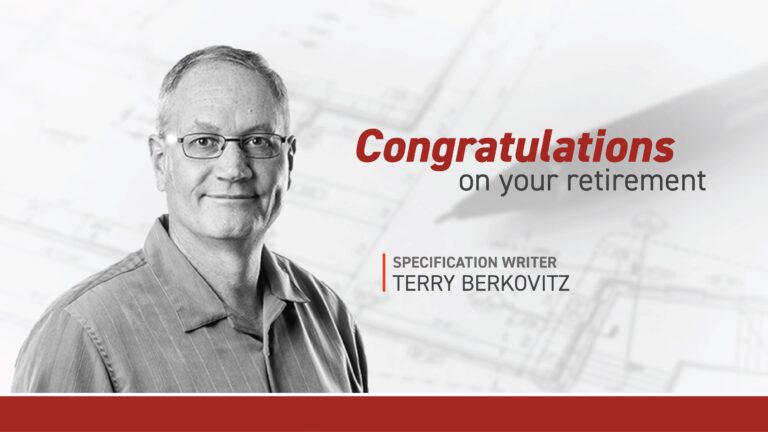 Photo collage of Terry Berkovitz on a background of architectural drawings that reads, "Congratulations on your retirement"