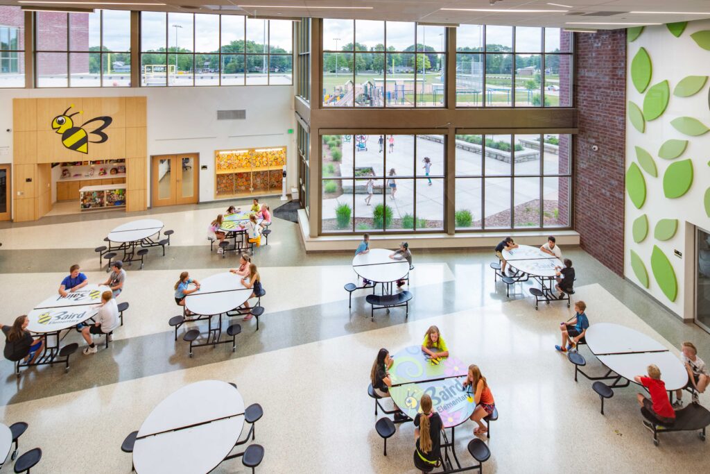 Baird Elementary School cafeteria from above looking out windows to playground, featuring Bee store