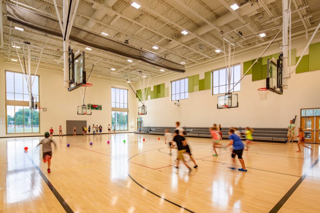 Baird Elementary School gym with students playing dodgeball