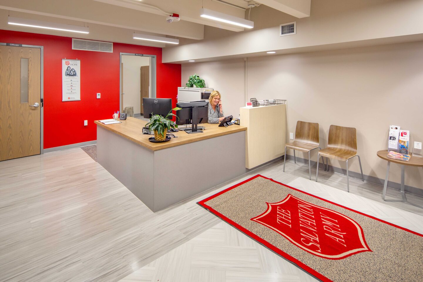 Salvation Army Oshkosh reception desk with receptionist on the phone