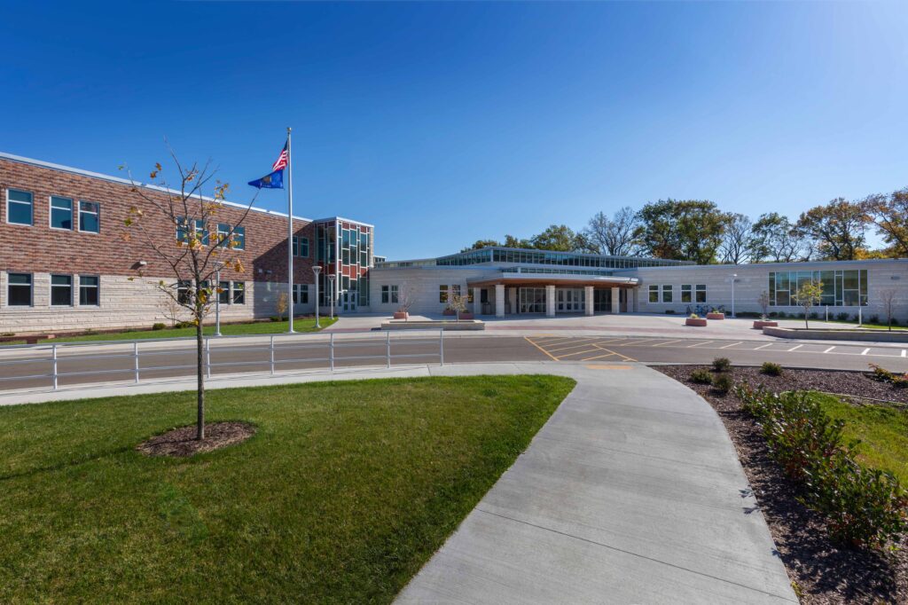 An exterior view of the school's main entrance