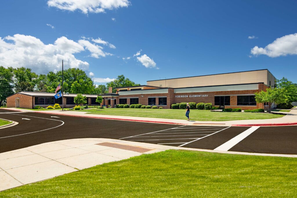 Robinson Elementary School front entrance with new circle drop-off area