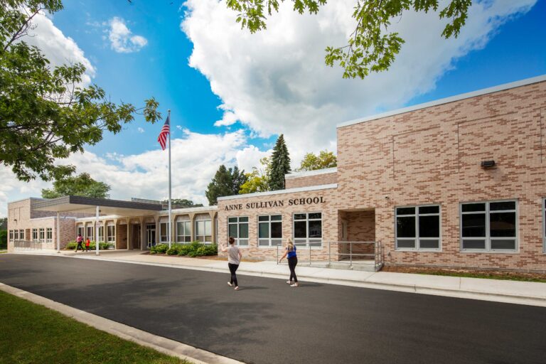 Sullivan Elementary School exterior of main entrance with school letters on brick