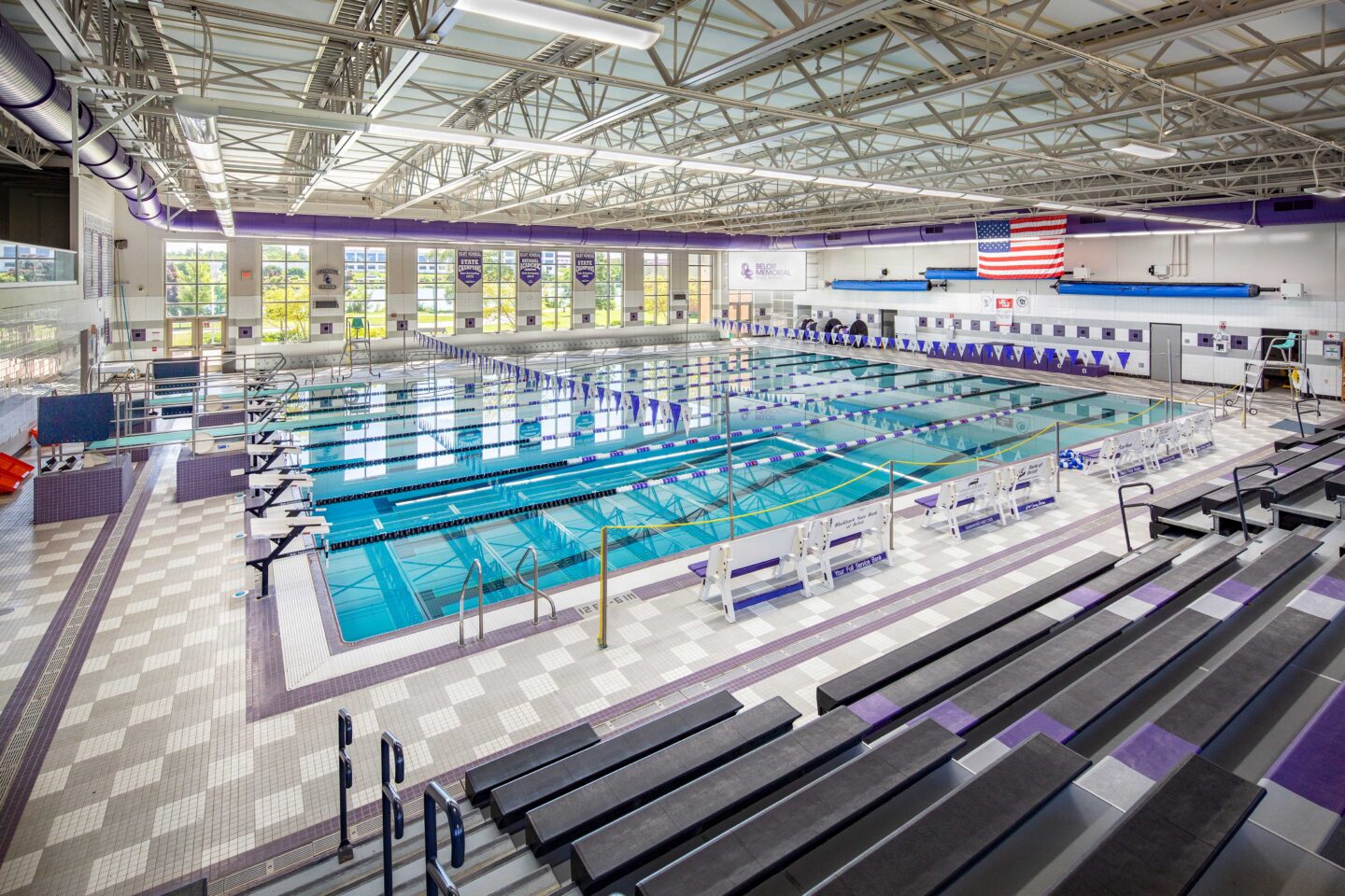 Beloit Memorial High School pool from the top of the bleachers overlooking the entire pool facility
