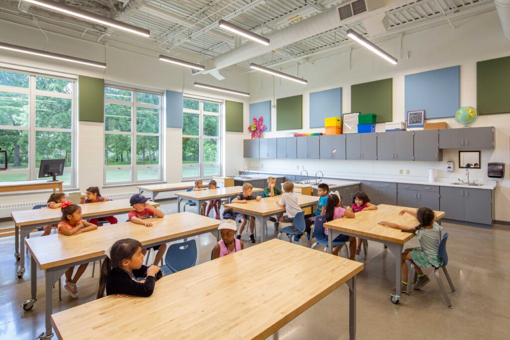 Sullivan Elementary School art classroom with LED lights and students sitting at tables