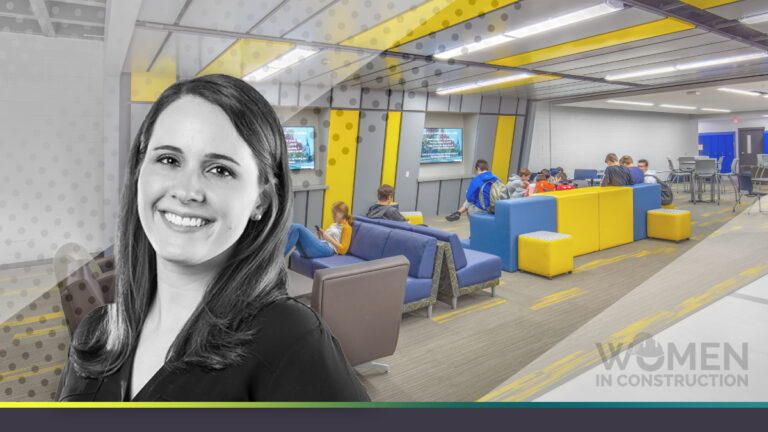 Kara A;brecht headshot in Women in Construction graphic