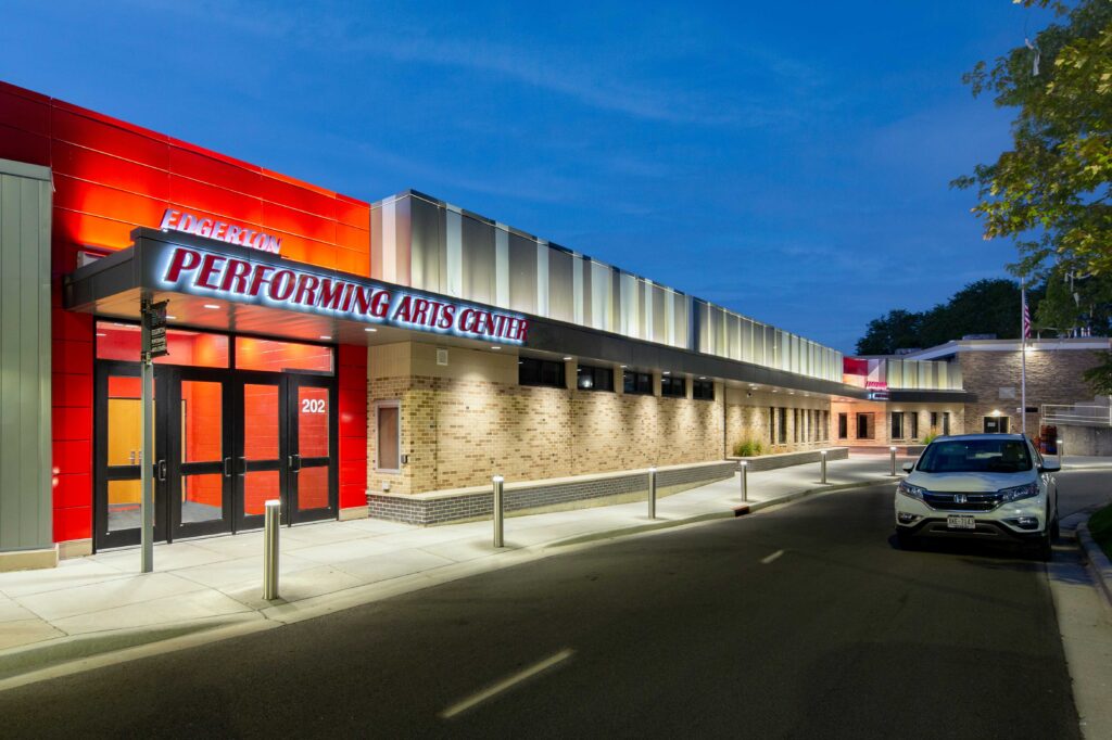 Edgerton High School Performing Arts Center entrance at night