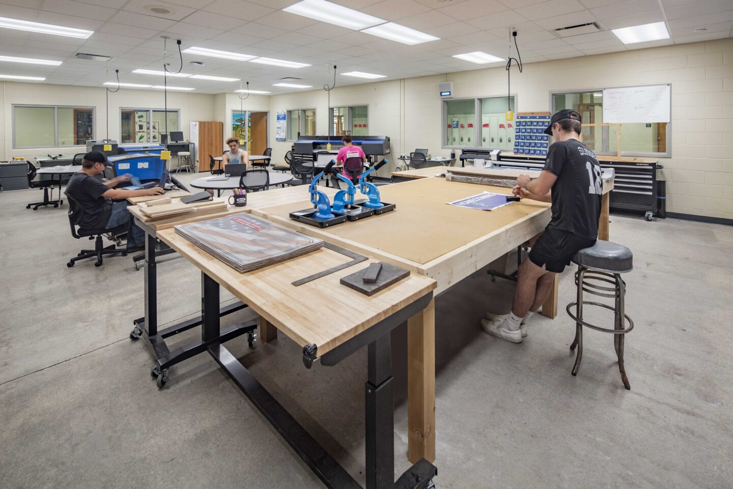 Evansville High School Fabrication Lab with students working