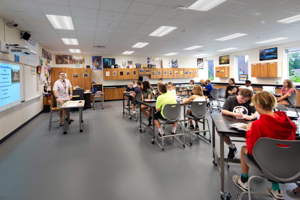 JC McKenna Middle School Science Room with a teacher speaking to the class