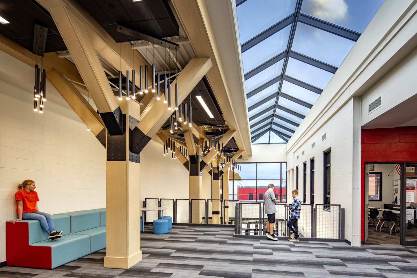 Sevastopol School District atrium with students sitting and standing