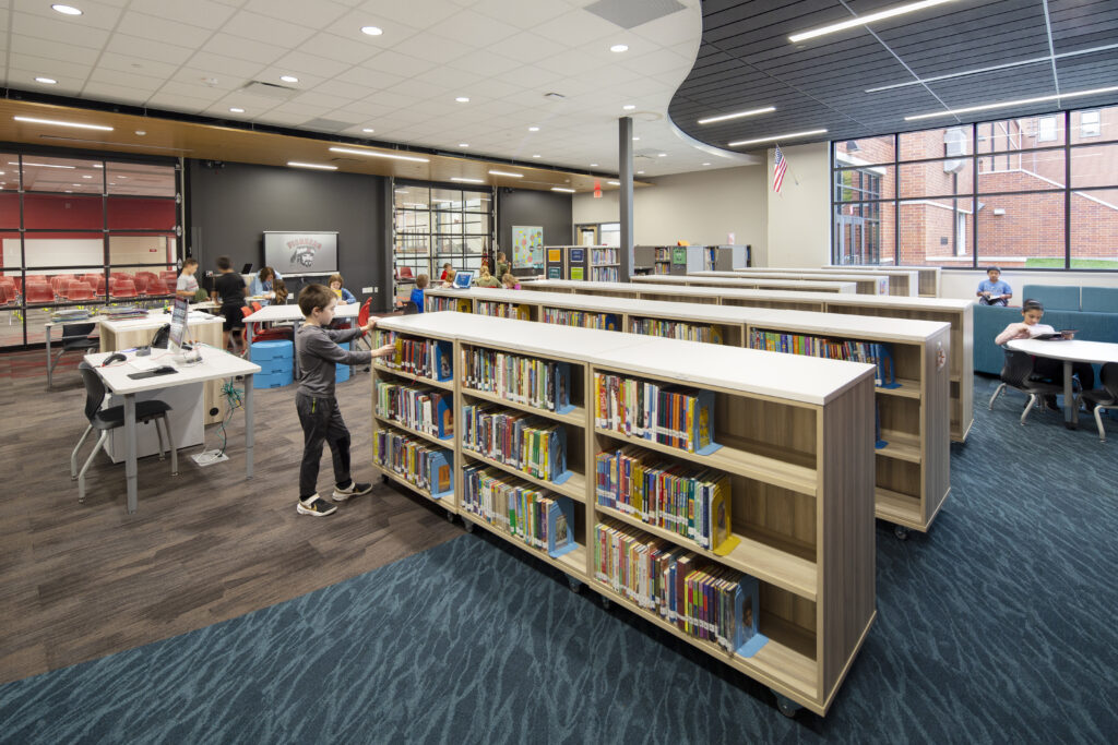 Sevastopol School District elementary library with the garage doors closed to the multi-purpose room