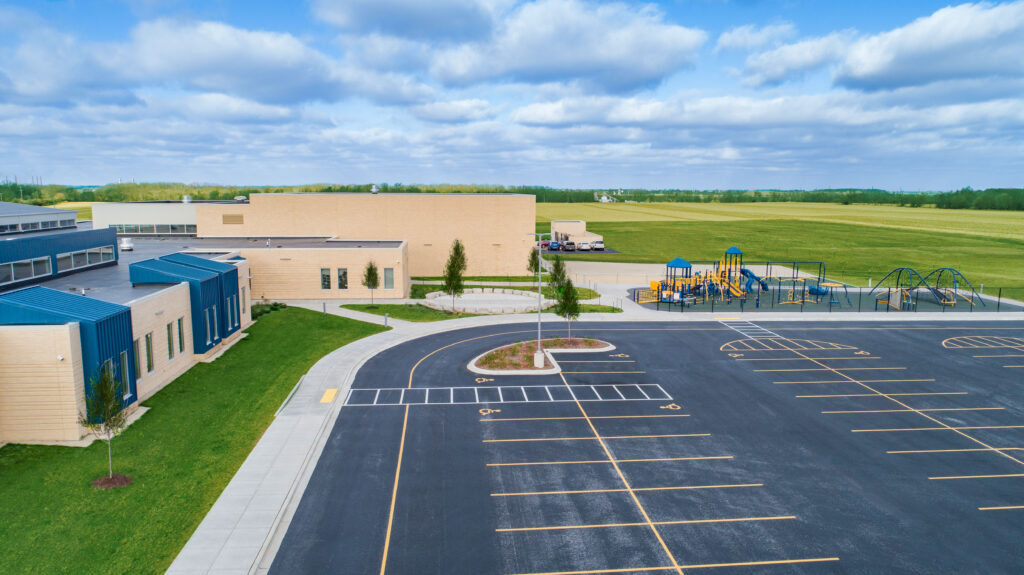 Garden Prairie Intermediate School drone photo of outdoor classroom and playground