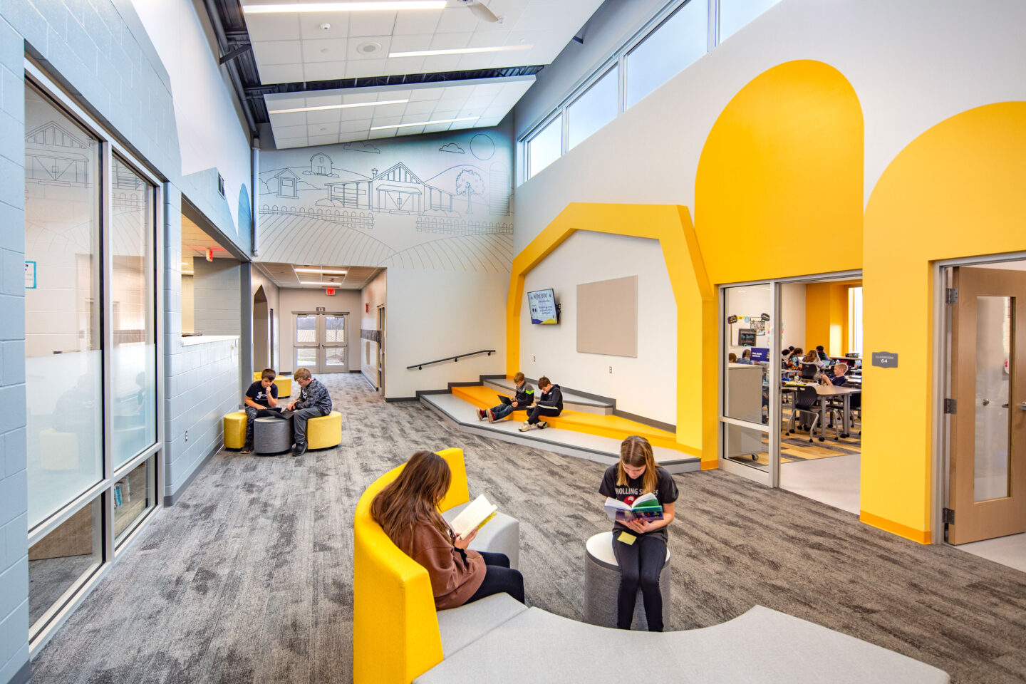 Garden Prairie Intermediate School Farmland academic room with students working in collaboration area