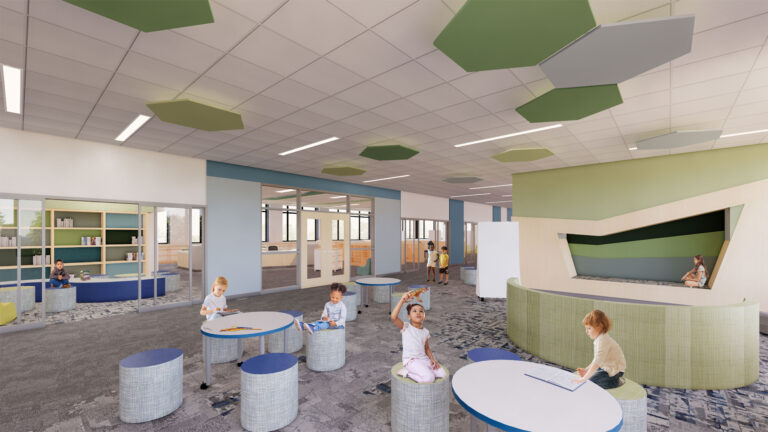 Rendering of the media center collaboration area at Menominee Elementary School