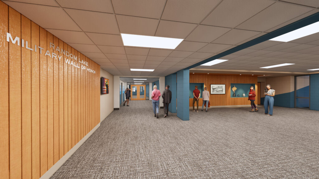 Renderings of the Elementary doors at Random Lake School District with people walking around