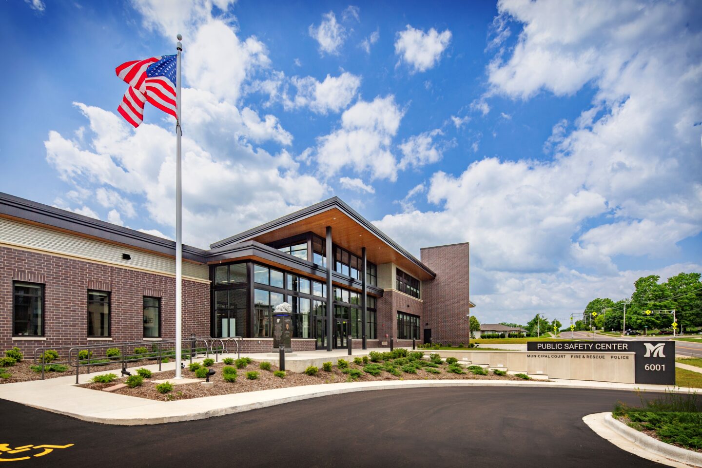 Main entrance with flag pole