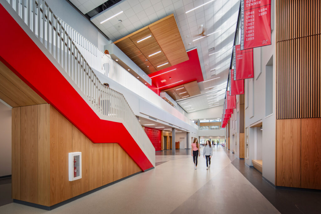 Neenah High School's spirit concourse with staircase on the left-hand side
