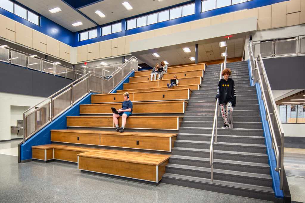 Learning stairs at Vel Phillips Middle School in the commons/cafeteria area. Clerestory windows bring in natural light.