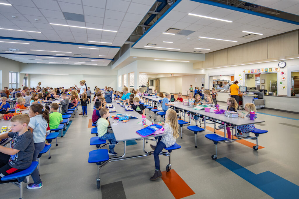 Wrightstown elementary school cafeteria featuring the servery area during lunch time