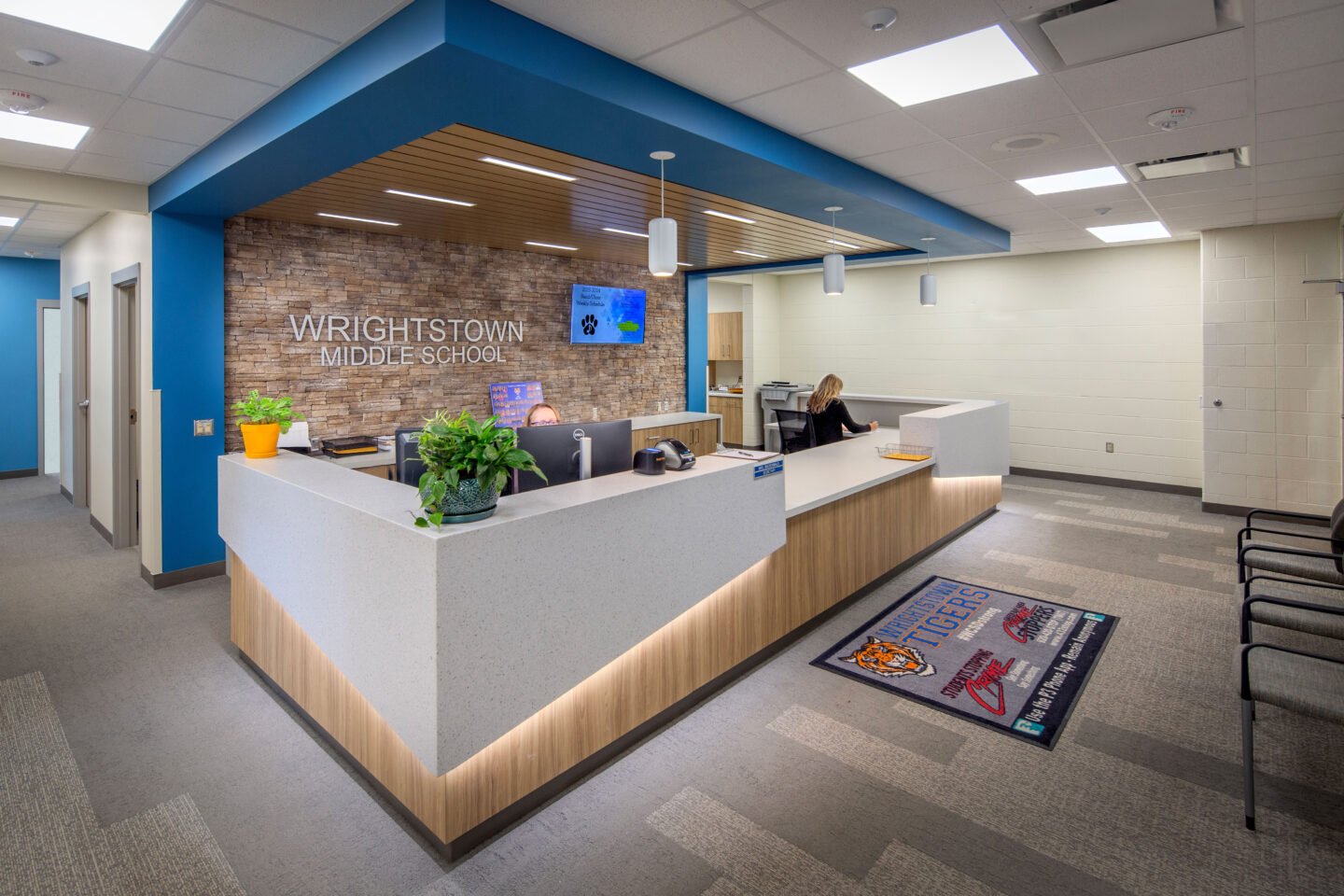 Wrightstown middle school reception area with two receptionist sitting at their station