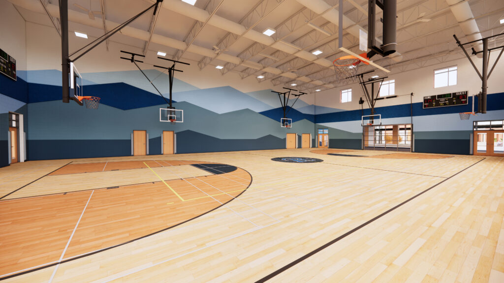 Rendering of the gymnasium at Random Lake School District with branding colors surrounding all walls