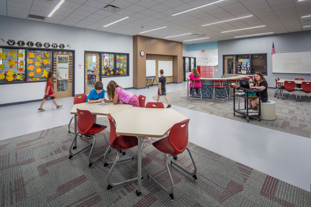 Collaboration area for students to expand their classroom work into the space at Columbus Elementary School