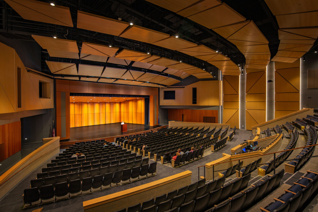 Performing Arts Center at Sun Prairie West High School with wood shell on stage