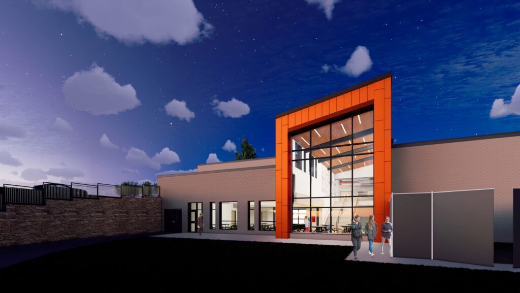 Rendering of the exterior cafeteria at dusk time at Forrest Street Early Learning Center