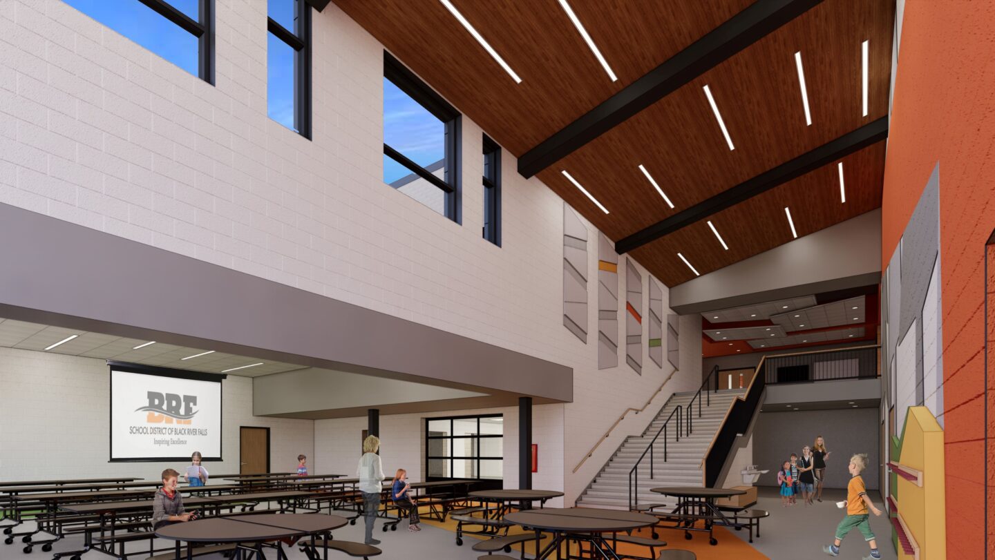 Rendering of the cafeteria featuring the open staircase at Forrest Street Early Learning Center