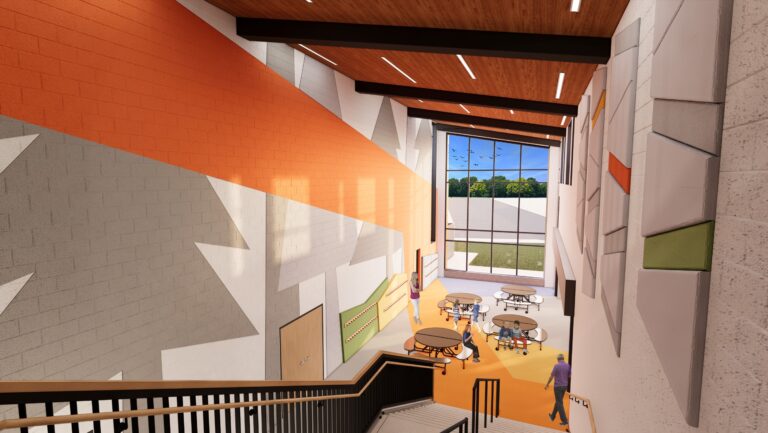 Rendering of the stairs leading to the cafeteria at Forrest Street Early Learning Center