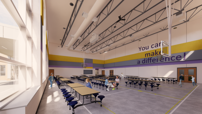 Rendering of the cafeteria with the branded wall at Denmark Elementary School