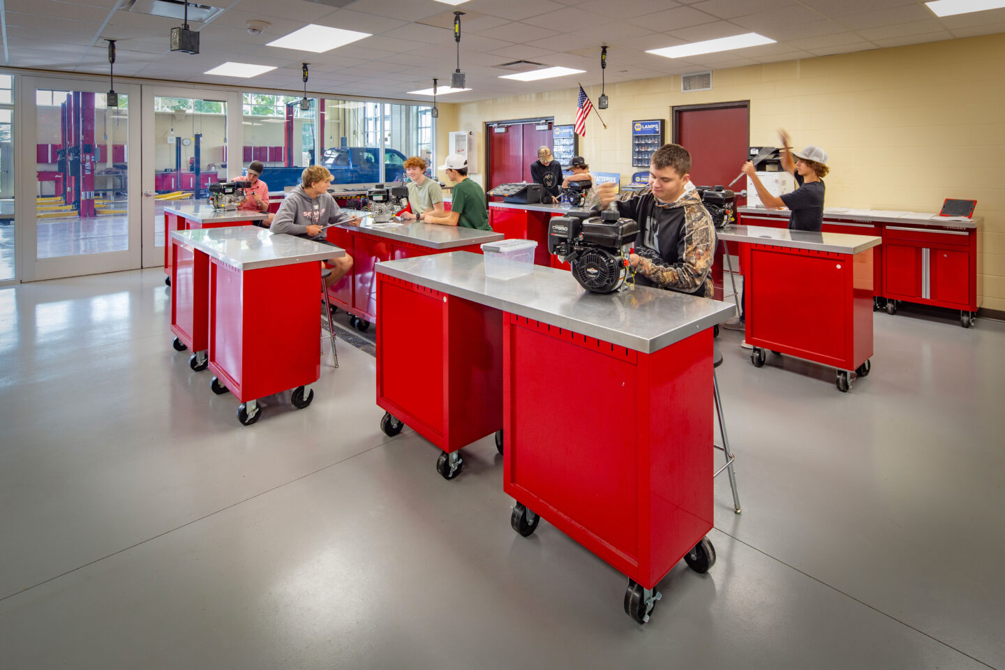 Seymour high school auto classroom that looks into the auto shop