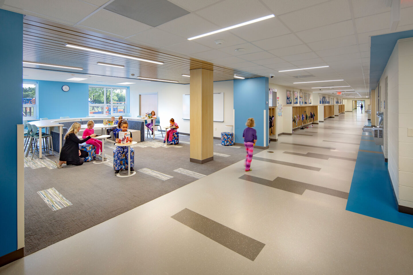 Wrightstown elementary school second grade resource area with students reading