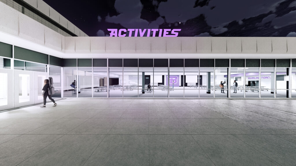 Rendering of the activites sign above the commons/cafeteria area on the exterior of the building
