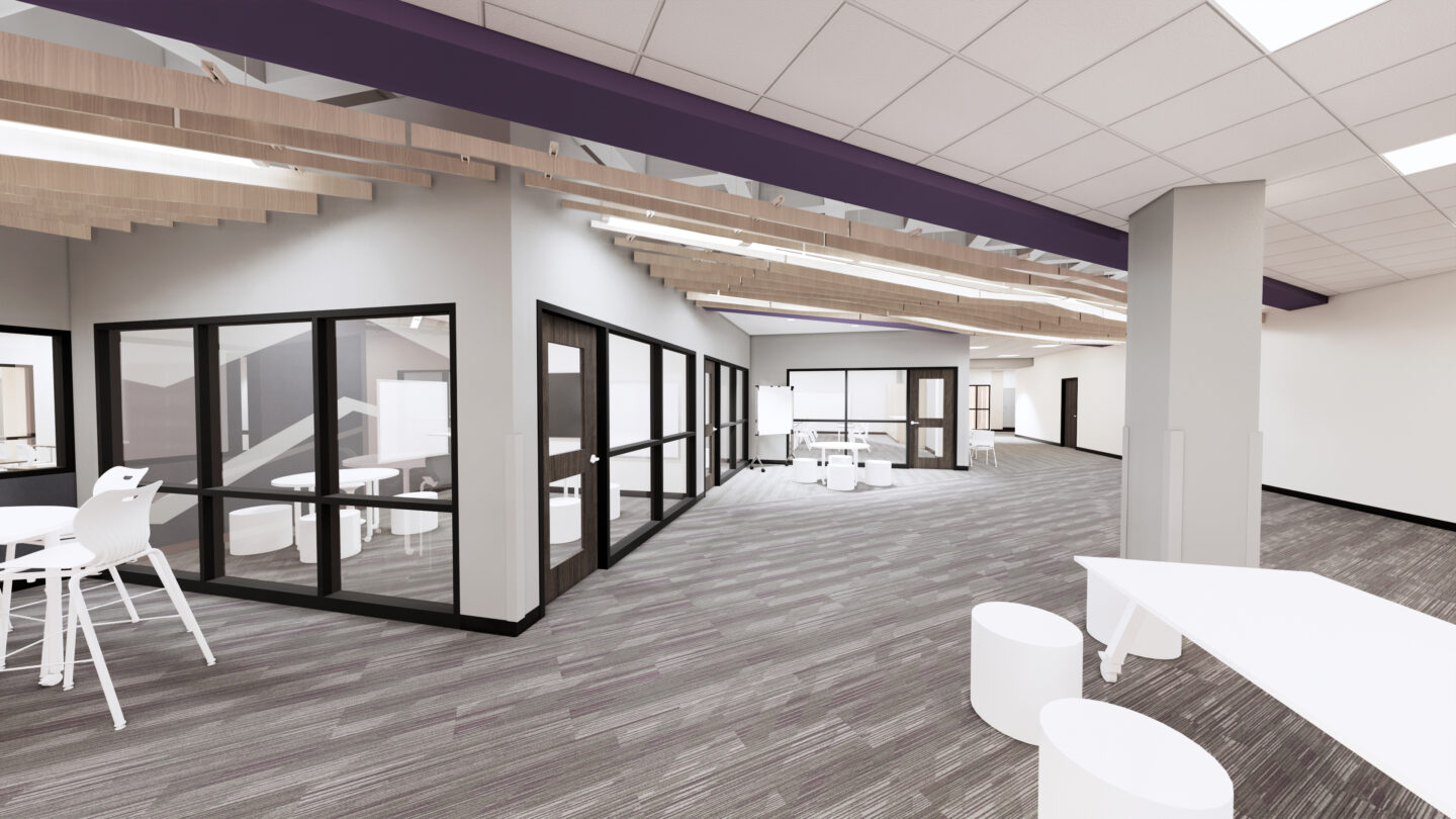 Rendering of the collaboration area with SGI rooms and flexible furniture